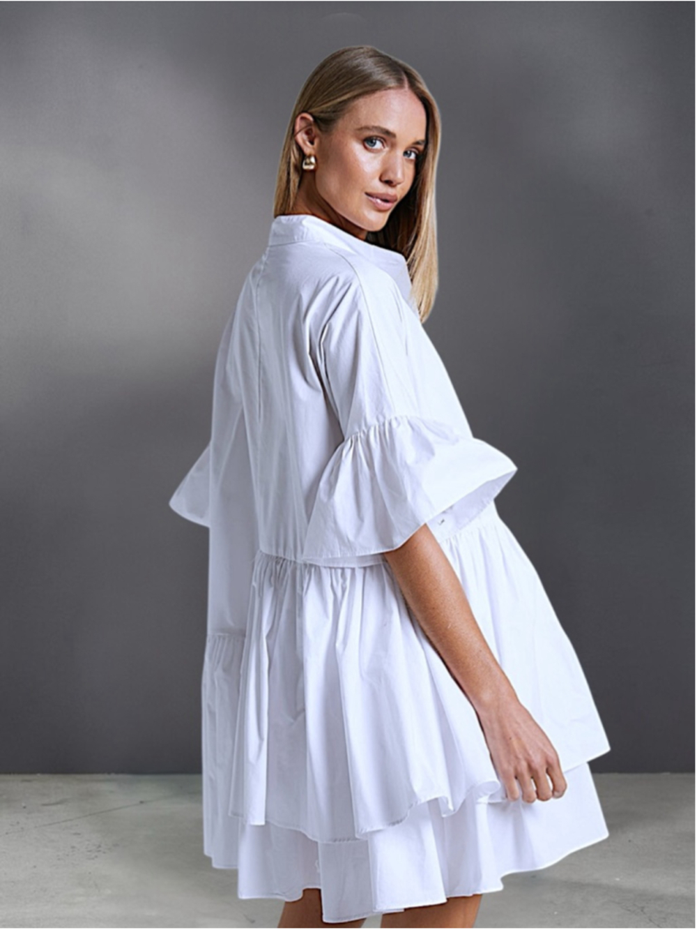 Button Up Asymmetrical Tiered Smock Dress in White – Size S - Picture 3 of 11